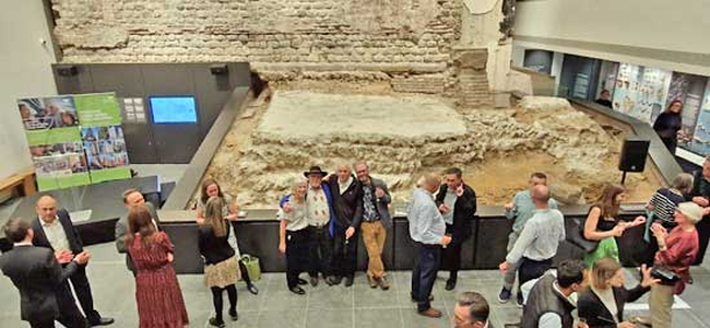 Cath and John Maloney, Ian Blair, and Dom Perring at the celebration and unveiling of the City Wall at Vine Street