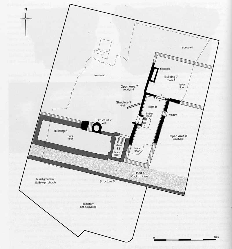 Plan of building complex Building 6 and Building 7 at Monument House (BPL95), destroyed in the Great Fire of 1666