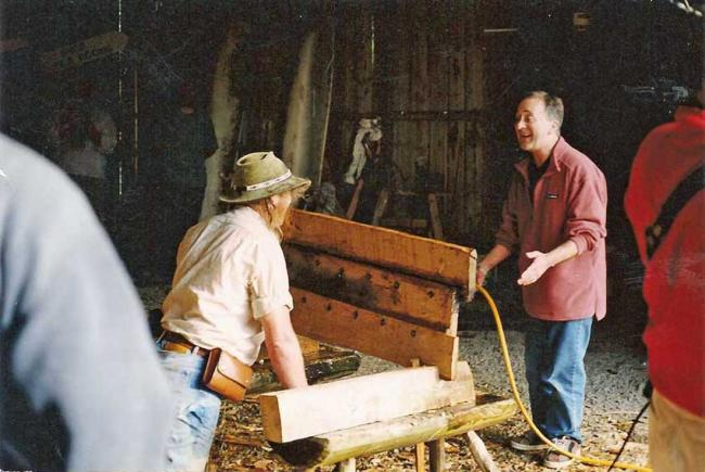 Phil Harding and Tony Robinson (aka Baldric) testing the completed hull section for watertightness, using a hosepipe. I recall it worked, but Baldric's aim wasn't so good...surely a peak moment in experimental archaeology.