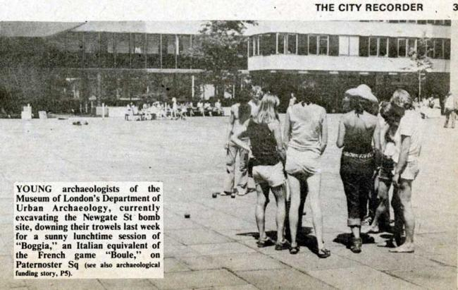 ‘Young Archaeologists’ at play in Paternoster Square in 1978. Left to right: Ian Blair, Mike Lee, Annie Upson, Clare Midgely, Friederike Hammer, Marietta Ryan, and Monique. Cutting from the City Recorder