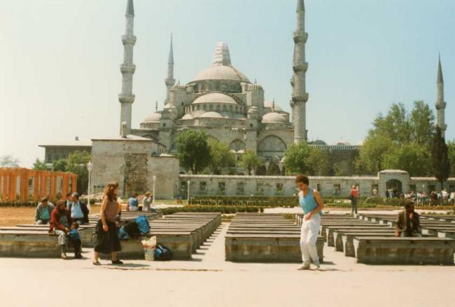 Mary Davis and Ian Blair having an impromptu ‘Hacky Sack’ session outside the Sultan Ahmed Mosque (Blue Mosque) in Istanbul, Turkey in 1988.