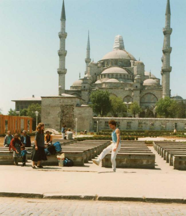 Mary Davis and Ian Blair having an impromptu ‘Hacky Sack’ session outside the Sultan Ahmed Mosque (Blue Mosque) in Istanbul, Turkey in 1988.